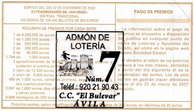 Reverso del décimo 27111 con el sello de la Administración nº 7 (C.C. El Bulevar), en Ávila